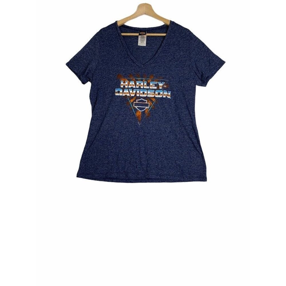 Harley Davidson Womens Graphic T-Shirt Blue Heathered V Neck Pull‎ Over XL New